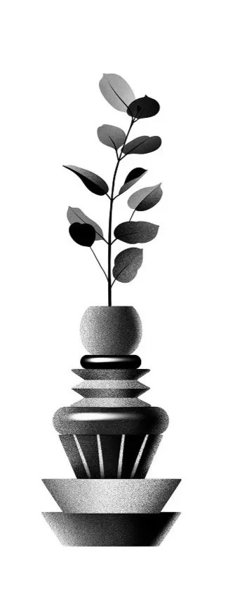A black and white illustration of a potted plant with leaves, placed on top of stacked geometric shapes. Stippling whip shading dotwork blackwork tattoo design flash.