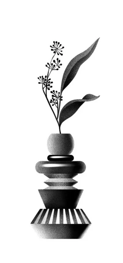 Black and white illustration of a vase with a plant that has leaves and small flowers, composed of stacked geometric shapes. Stippling whip shading dotwork blackwork tattoo design flash.