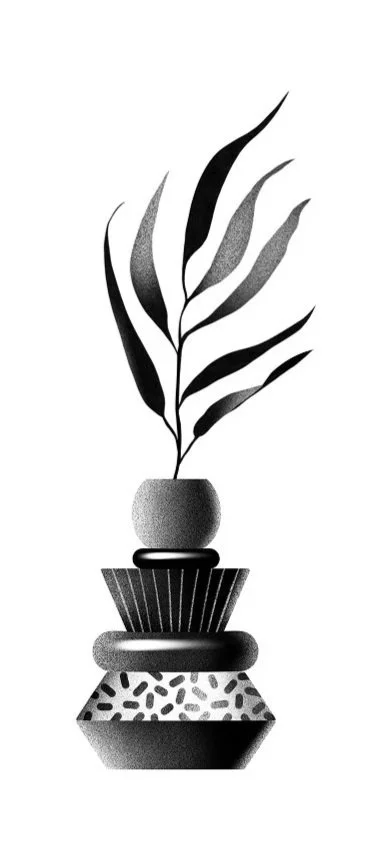 A black and white illustration of a tall vase with a leafy plant and decorative stones or objects stacked around it. Stippling whip shading dotwork blackwork tattoo design flash.
