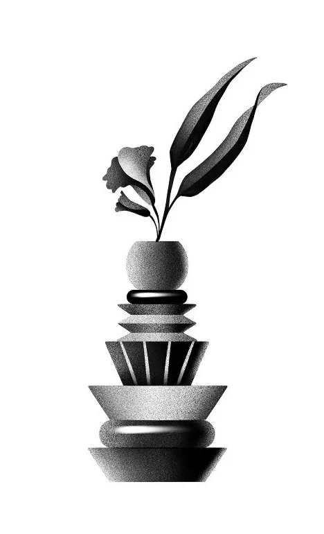 Black and white illustration tattoo design of a plant in a round pot, with various geometric shapes underneath, creating a stacked sculpture-like design.