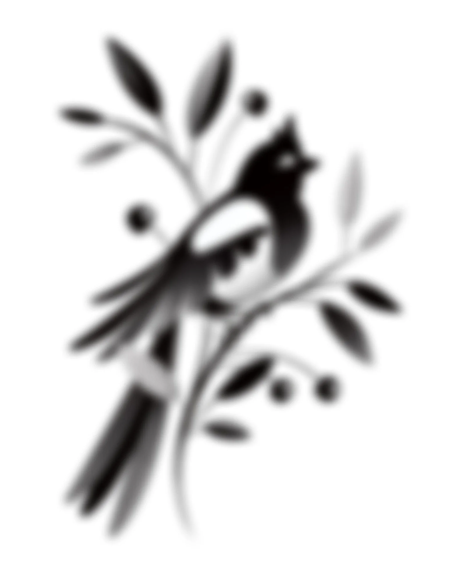 Black and white illustration of a bird perched on a branch amidst leaves and berries. Stippling whip shading dotwork blackwork tattoo design flash.  קעקועים תל אביב שחור לבן אפור סטיפלינג דוטוורק