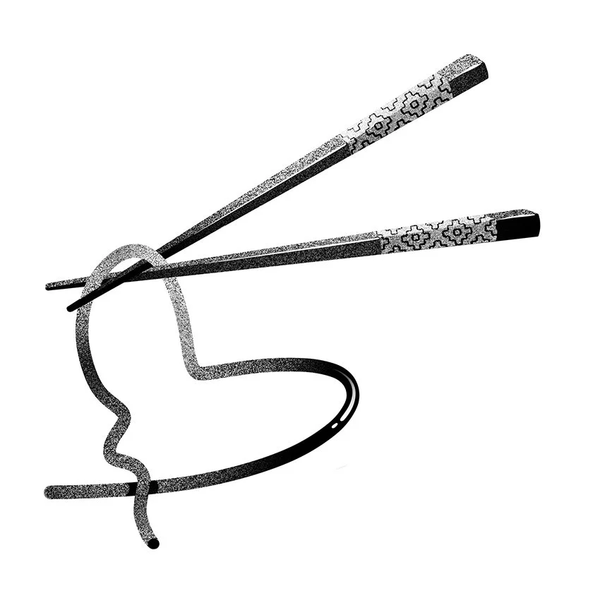 Illustration of chopsticks and noodle that creates a shape of a heart