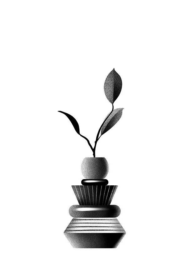 A black and white illustration of a potted plant with three stacked geometric pots supporting a leafy plant.