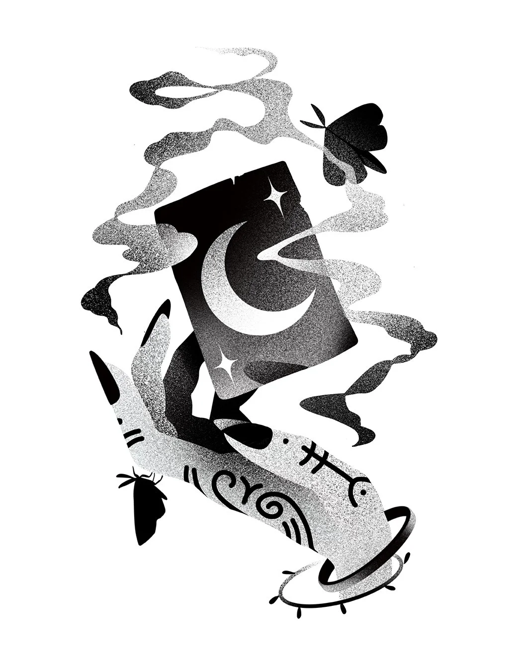 A black and white illustration featuring a tarot card with a crescent moon, a smoke, a moth, and swirling cosmic elements. Stippling whip shading dotwork blackwork tattoo design flash.
