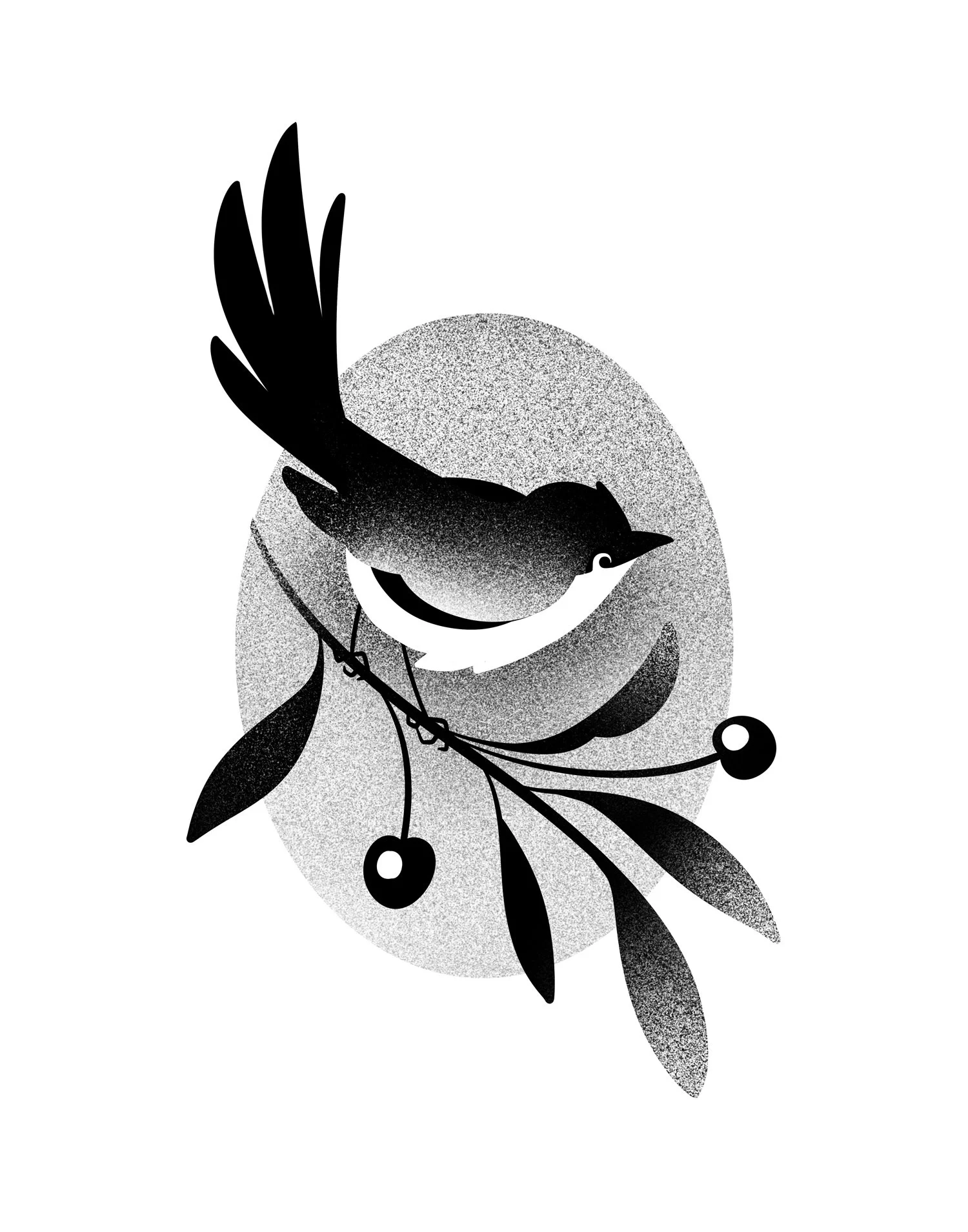 Black silhouette of a bird perched on a branch with leaves and cherries, overlaying a textured oval background. Stippling whip shading dotwork blackwork tattoo design flash.  קעקועים תל אביב שחור לבן אפור סטיפלינג דוטוורק