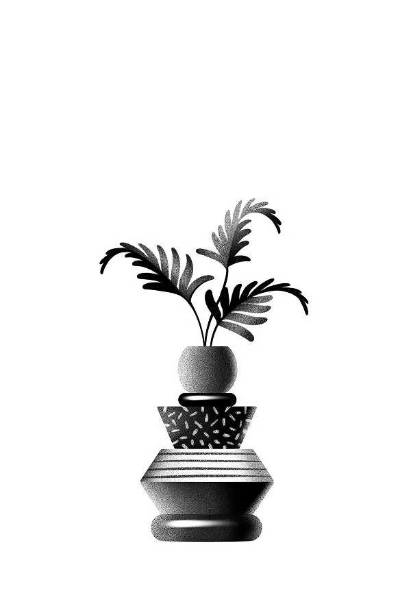 A black and white illustration of a potted plant with large leaves, placed on a decorated stack of three geometric-shaped objects. Stippling whip shading dotwork blackwork tattoo design flash.
