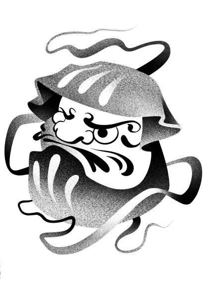 A Japanese daruma with a playful expression, large eye, and a stylized body. Stippling whip shading dotwork blackwork tattoo design flash.