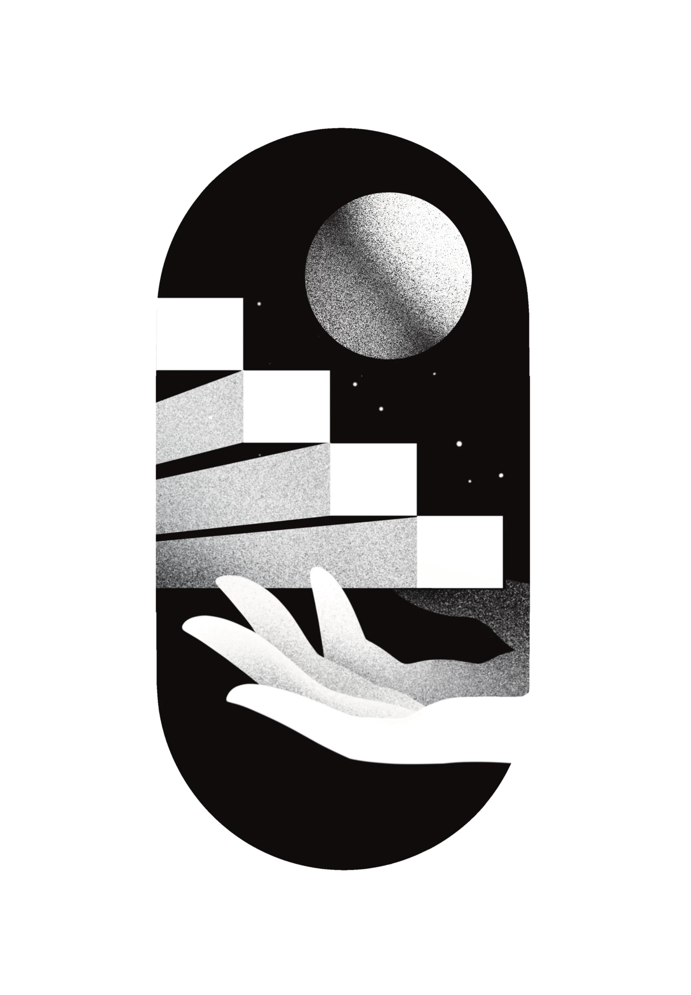 Black and white stylized illustration of a hand holding a staircase, with a starry sky and a large moon in the background. Stippling whip shading dotwork blackwork tattoo design flash.