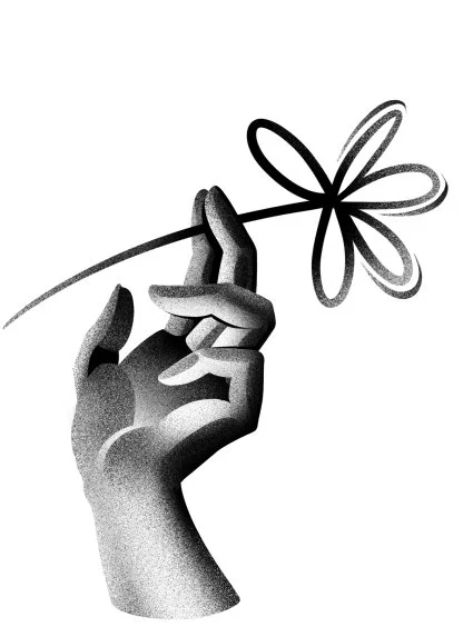 A grayscale illustration of a hand holding a flower with a long stem and large petals. Stippling whip shading dotwork blackwork tattoo design flash.