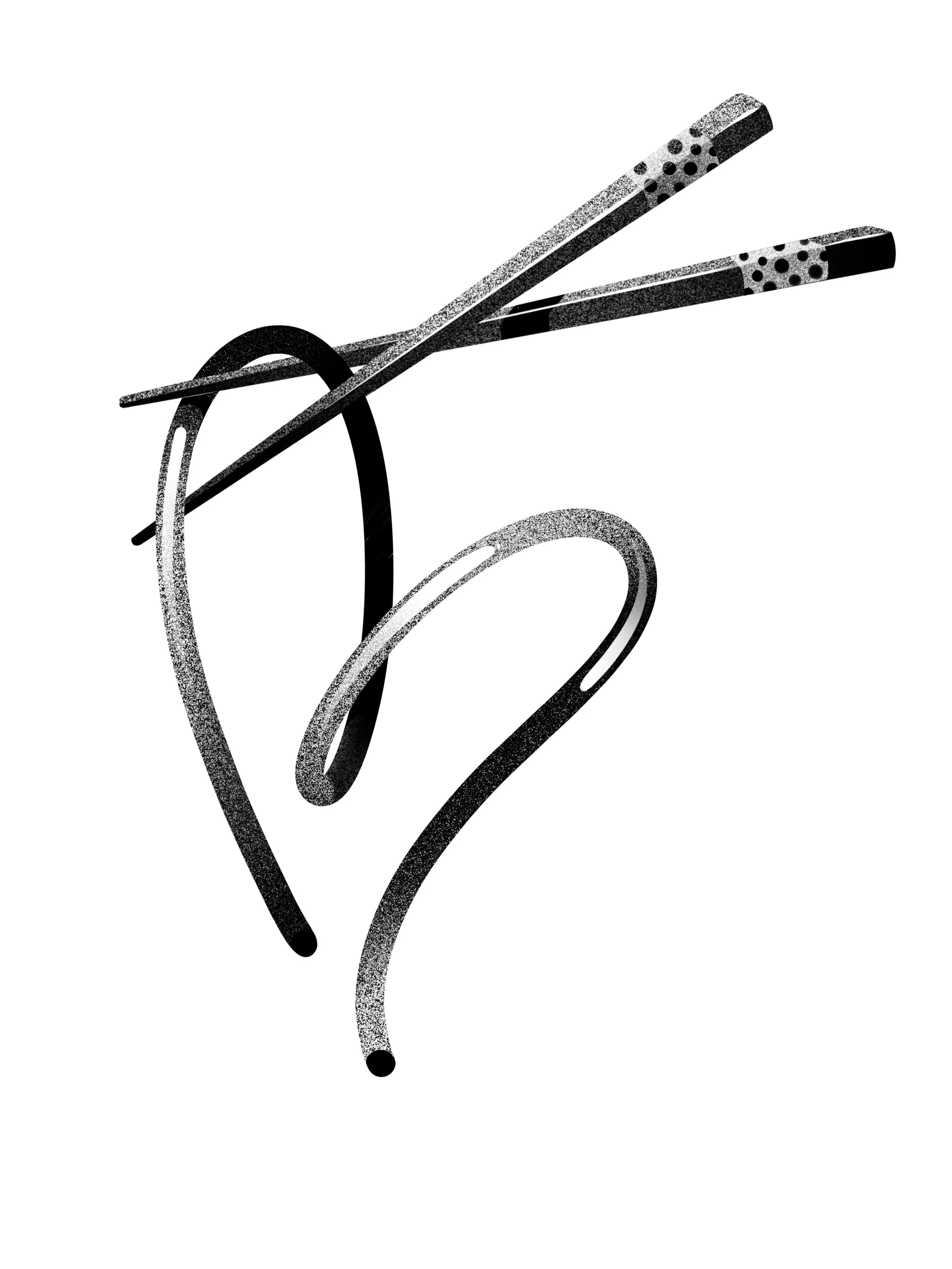 chopsticks holding a noodle shaped as a heart Stippling whip shading dotwork blackwork tattoo design flash.