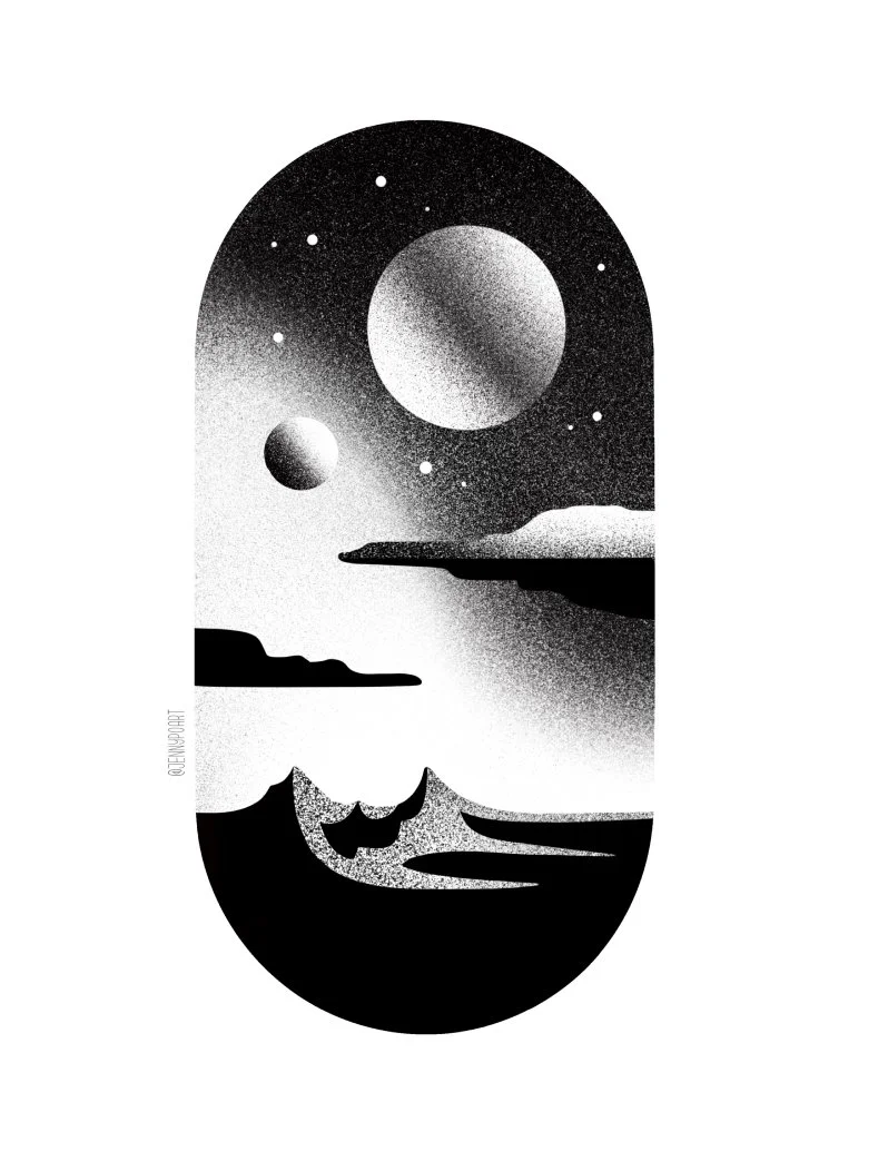 Black and white abstract landscape featuring planets, stars, mountains, and water, with a stylized gradient and stippling effect. Stippling whip shading dotwork blackwork tattoo design flash.