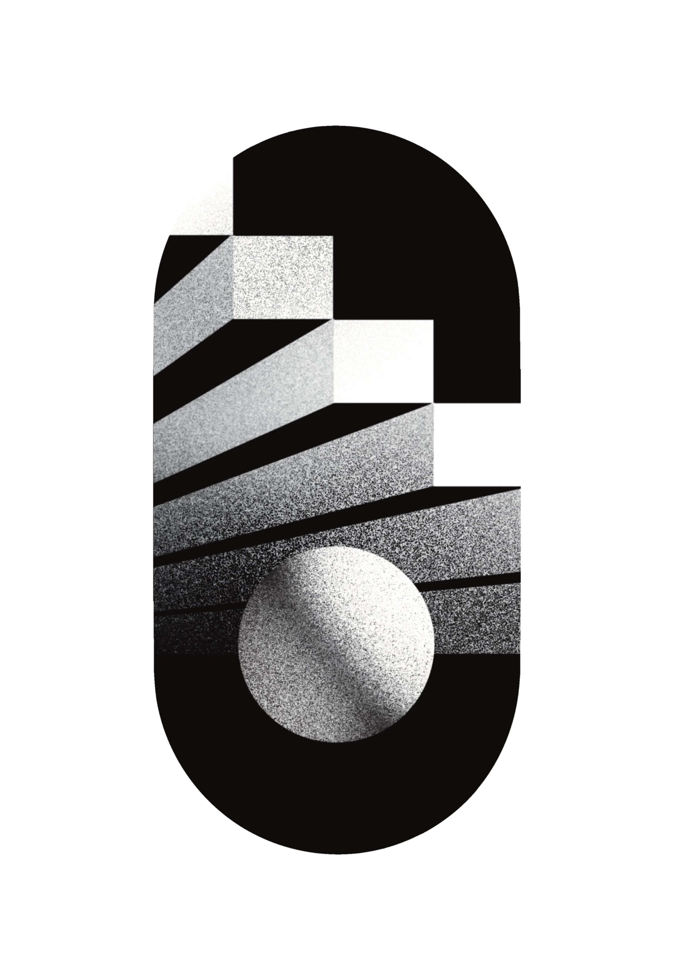 Abstract black and white geometric artwork with circles, rectangles, and shadows. Stippling whip shading dotwork blackwork tattoo design flash.