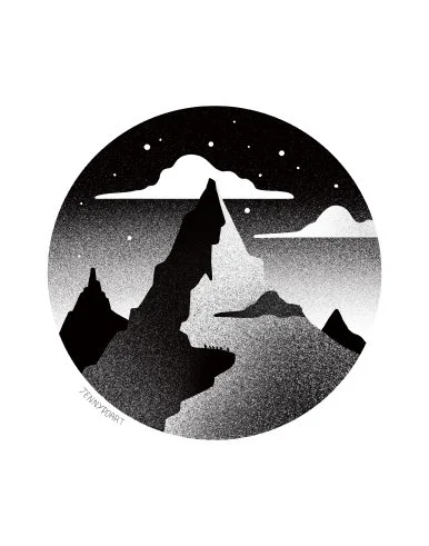 Black and white circular illustration of a mountain range under a night sky with stars and clouds. Stippling whip shading dotwork blackwork tattoo design flash.