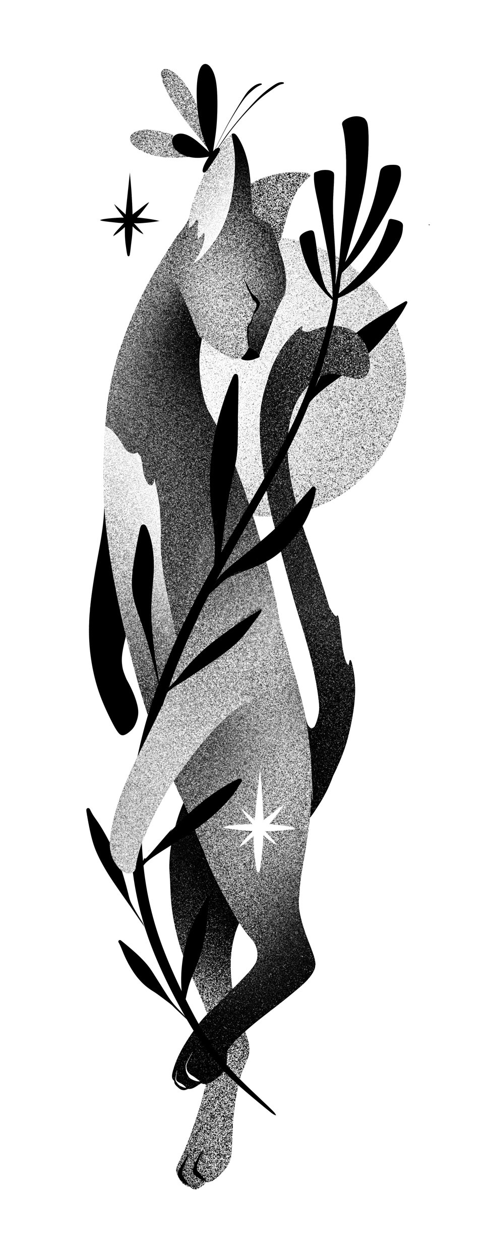 A black and white artistic illustration of a woman with long hair, partially covered by large leaves and plants, with stars near her head and body.