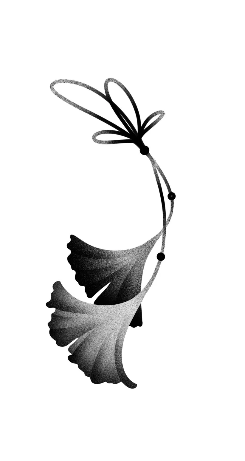 A black and white artistic digital illustration of a Japanese leaf, tied together with a string and beads. Stippling whip shading dotwork blackwork tattoo design flash.