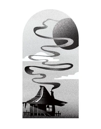 A stylized black and white illustration of a house with smoke curling from its chimney, extending into the sky and forming a swirling pattern around a large cloud or moon. Stippling whip shading dotwork blackwork tattoo design flash.