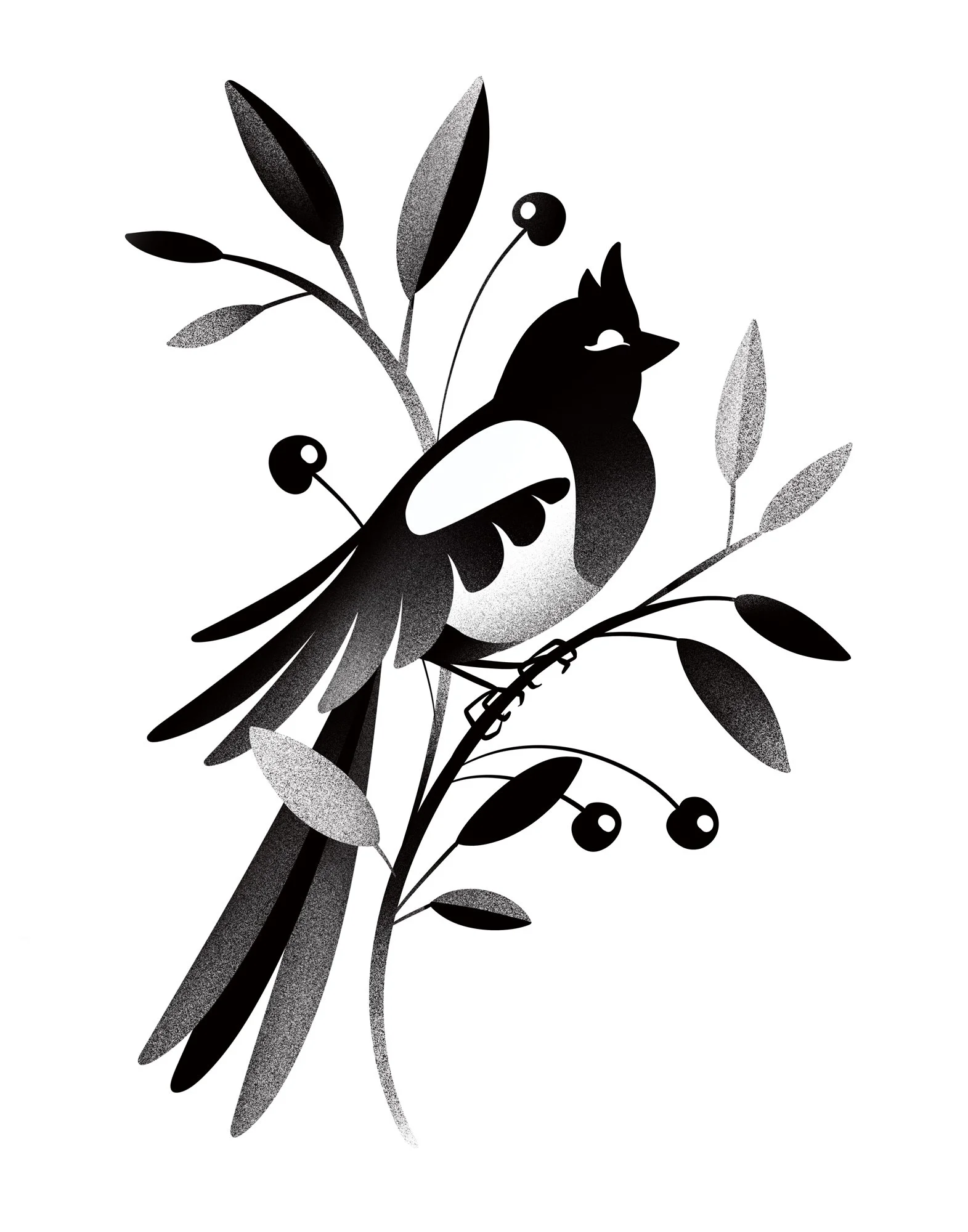 Black and white illustration of a bird perched on a branch amidst leaves and berries. Stippling whip shading dotwork blackwork tattoo design flash.  קעקועים תל אביב שחור לבן אפור סטיפלינג דוטוורק