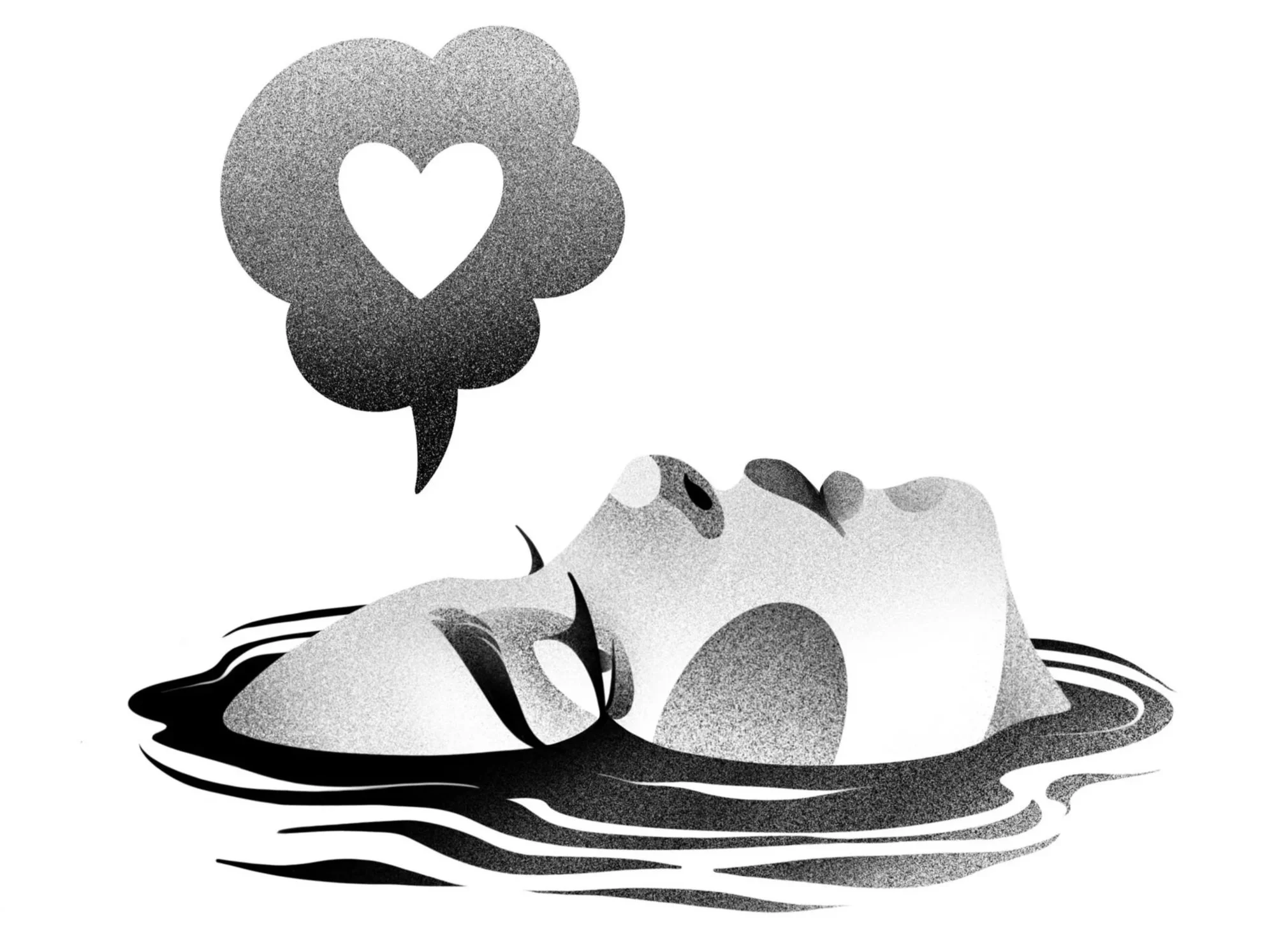 Black and white digital illustration of a woman lying in water, with a large speech bubble with a heart inside above her head.