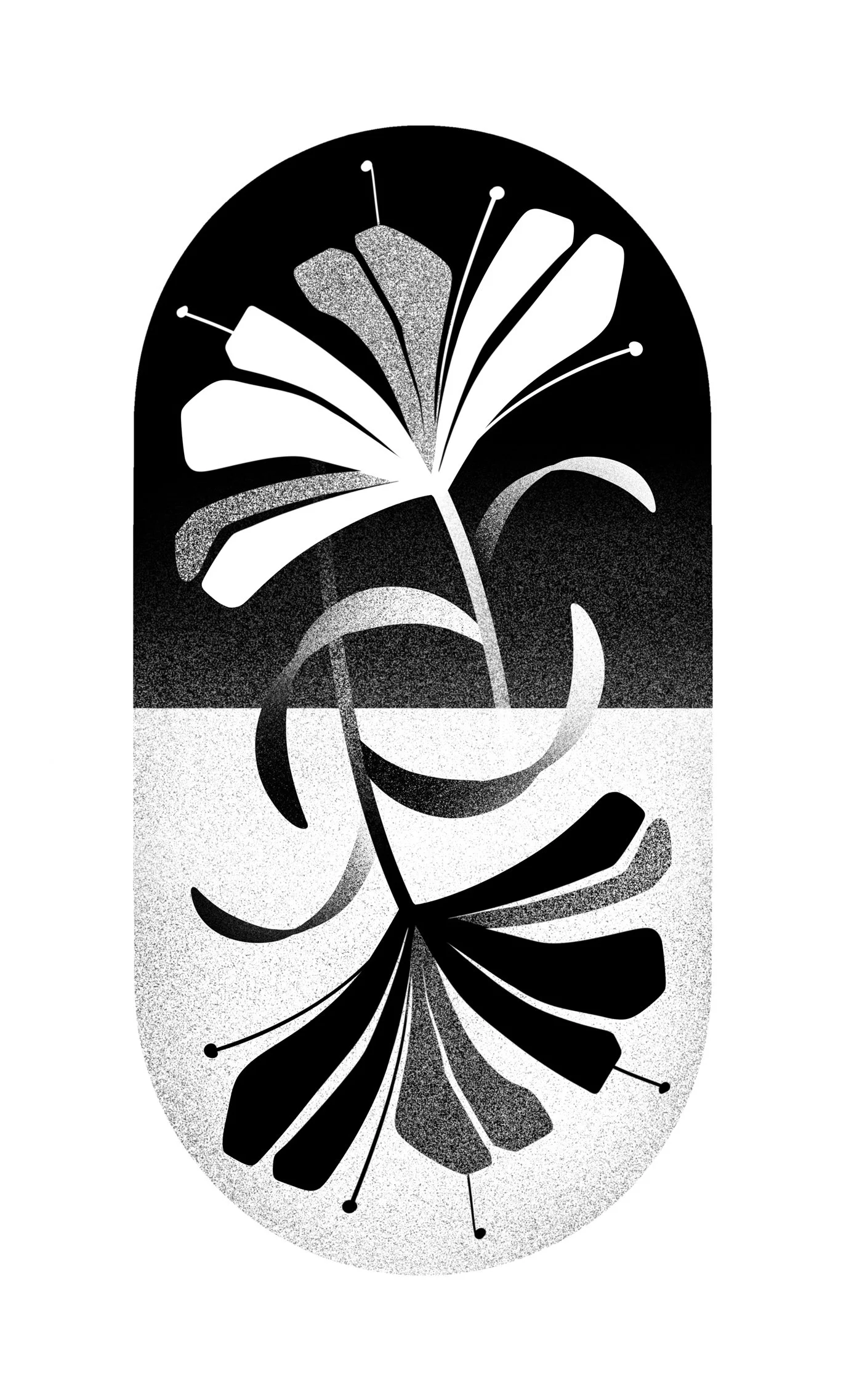 Black and white abstract design featuring a flower with symmetrical reflection and elongated stem, set against a textured background.