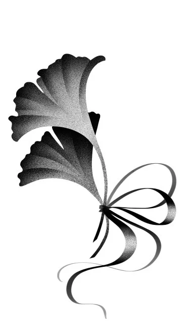Black and white illustration of a Japanese leaf with large flowing ribbon.