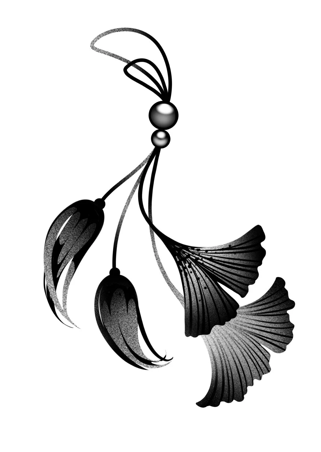 Black and white illustration of a ginkgo leaf and ginkgo seed, with detailed shading and veins. tied with a string with beads. Stippling whip shading dotwork blackwork tattoo design flash.