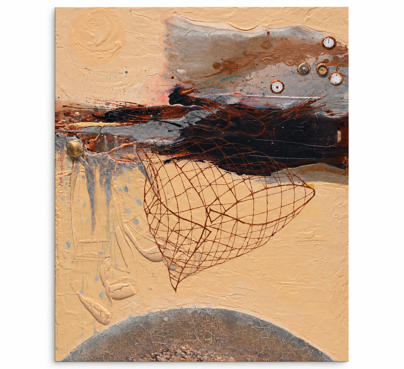 Textured Abstract Landscape with Embedded Clocks.png