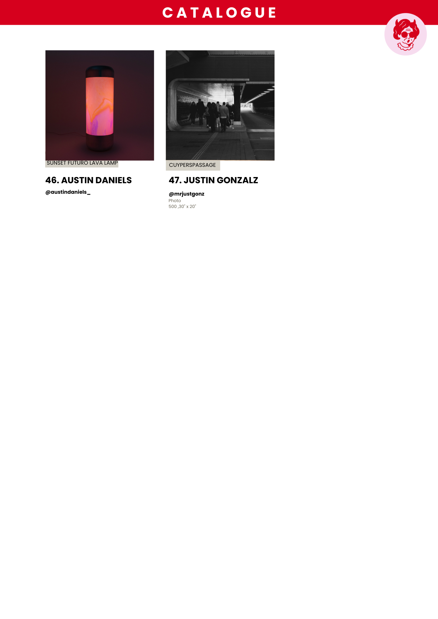 A catalog page featuring two images: the first is a Sunset Futuro Lava Lamp with a pink and orange swirling pattern, and the second is a black-and-white photo of people walking through an underground passage.