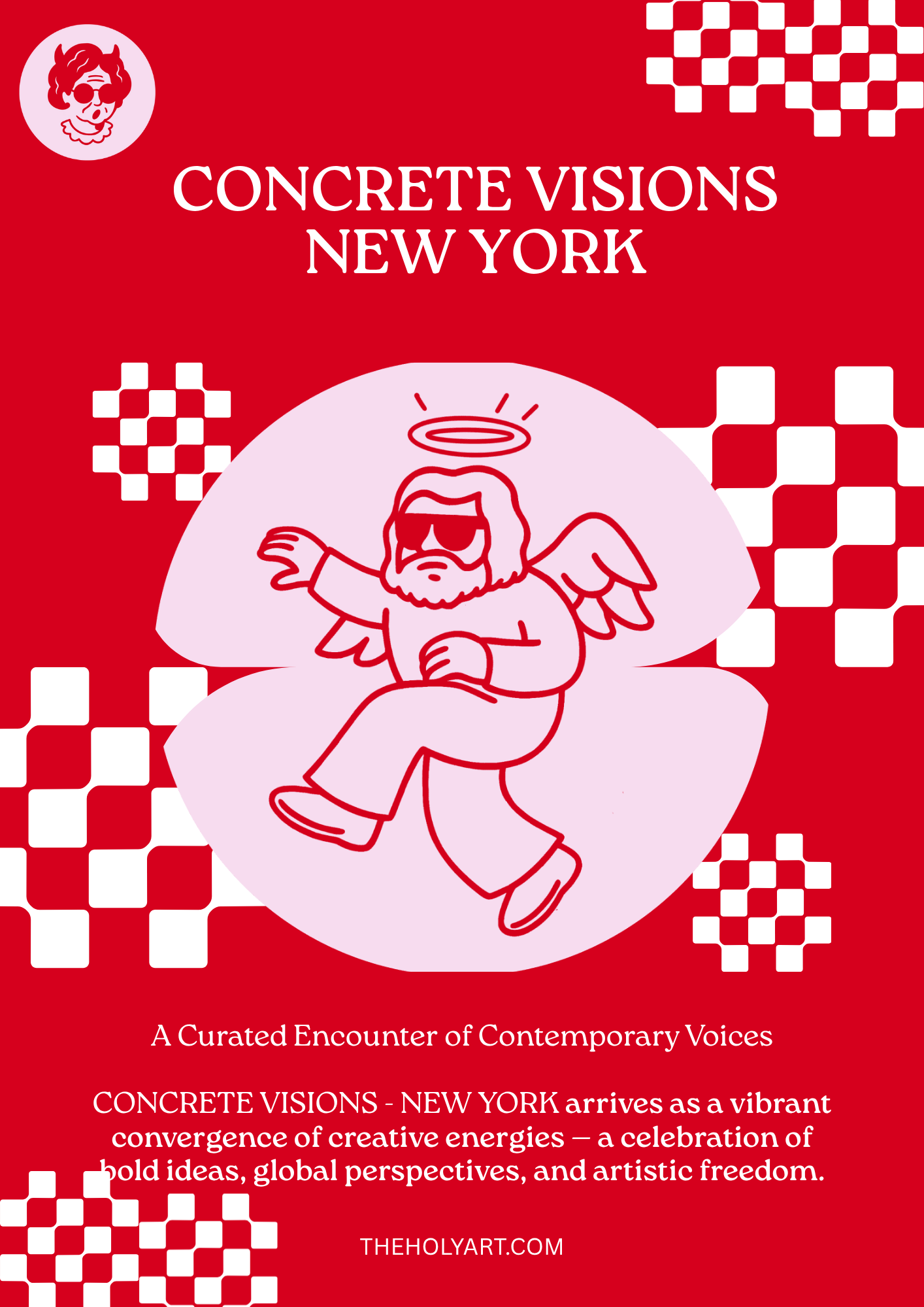Red exhibition poster for CONCRETE VISIONS NEW YORK featuring a cartoon image of Jesus with wings and a halo, sitting on a pink oval shape. The poster includes white and pink checkered patterns and descriptive text about the event.