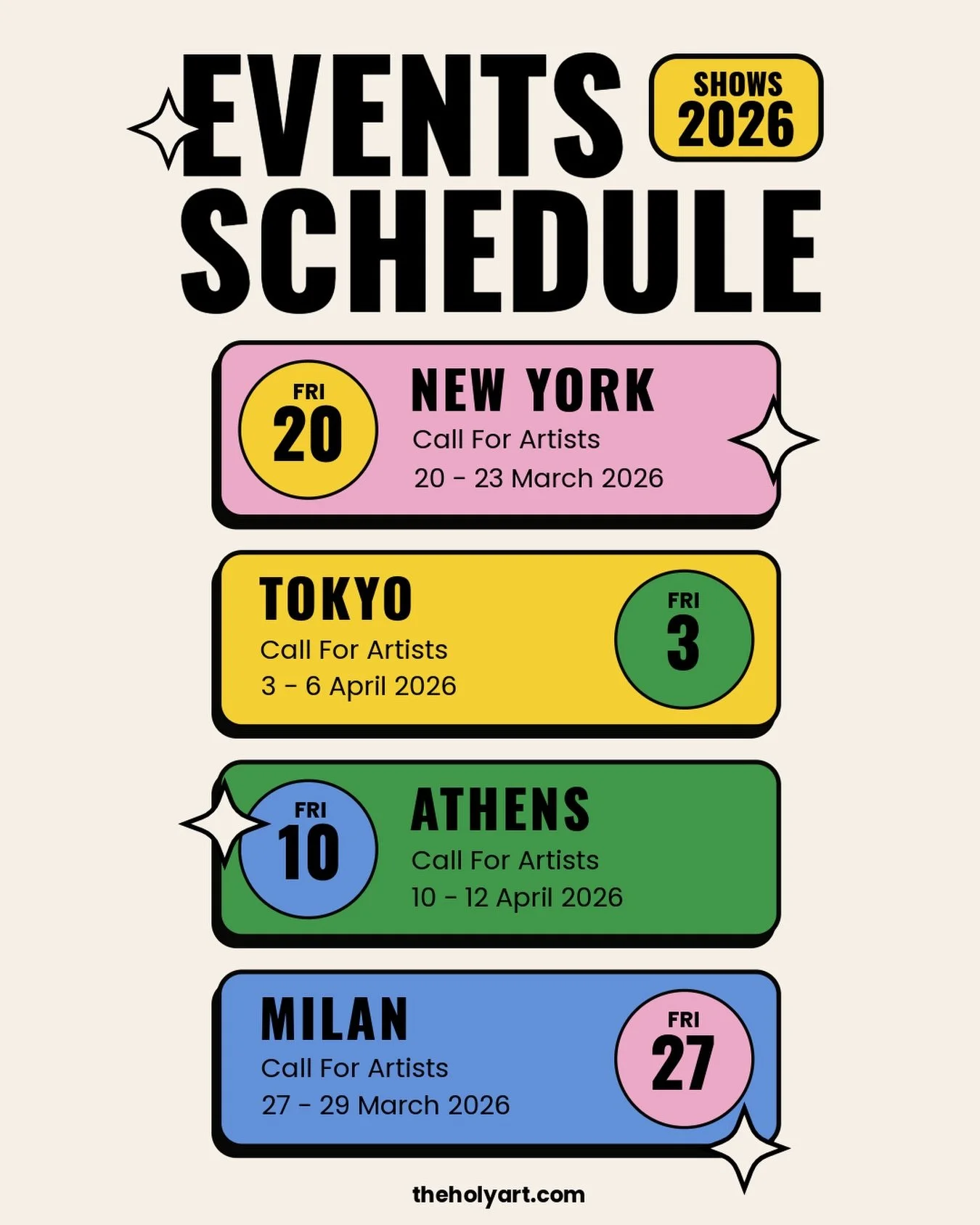 Your next exhibition is on this list. 👀

We&rsquo;re opening applications for 4 cities this spring:

🗽 NEW YORK &mdash; March 20-23 🇯🇵 TOKYO &mdash; April 3-6 🇬🇷 ATHENS &mdash; April 10-12 🇮🇹 MILAN &mdash; March 27-29

All mediums. All styles