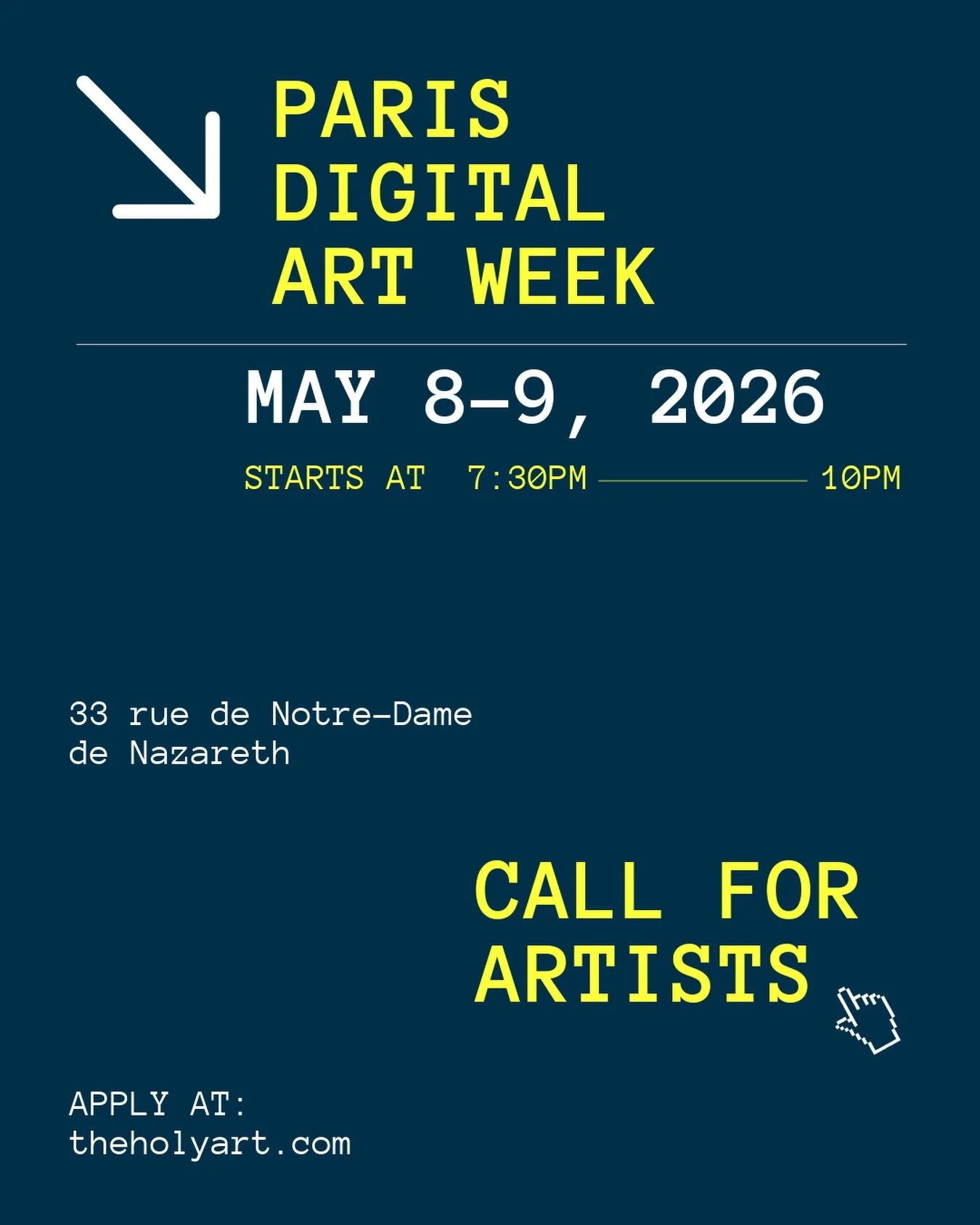 Call For Artists - PARIS DIGITAL ART WEEK 🇫🇷

Paris is calling. Will you answer?

Applications are NOW OPEN for PARIS DIGITAL ART WEEK - our Immersive Digital Art Showcase in Le Marais, Paris.

Your art. Projected 3 metres tall. In one of the world