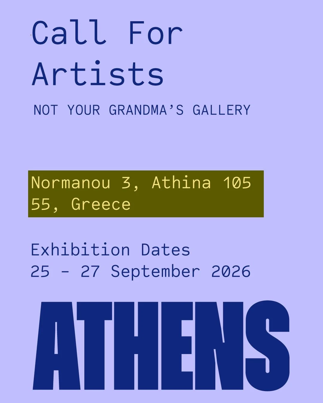 🇬🇷 ATHENS IS CALLING YOUR ART

Exhibit your work in the heart of Athens, steps from Monastiraki and the Acropolis.

Show your art to an international audience in one of the world&rsquo;s most historic cities.

🎨 Open theme, all mediums welcome 🌍 