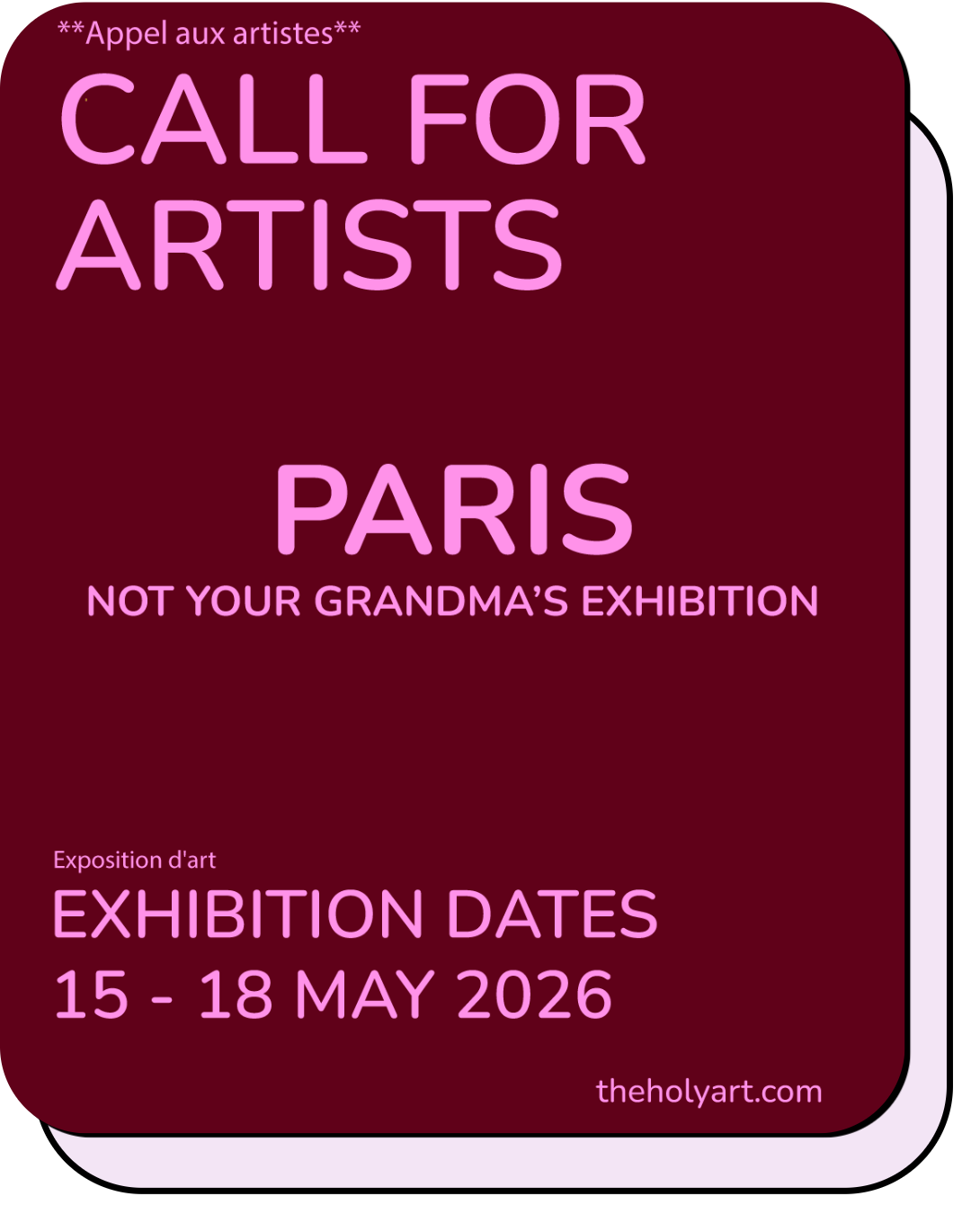 A promotional poster for an art exhibition in Paris featuring a stylized large white 'P' with a cartoon angel dressed in white with black sunglasses and a halo, sitting on the letter. The background is red with a blue band at the bottom. The text includes exhibition dates, location details, and a website.