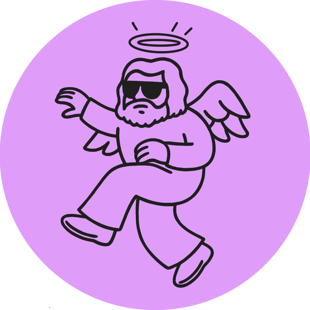 A cartoon drawing of a bearded man with long hair, sunglasses, angel wings, and a halo, sitting in a relaxed pose with one leg crossed over the other.