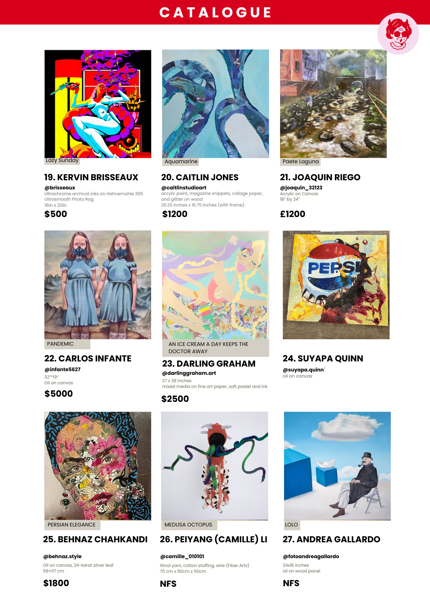 A catalog page displaying nine artworks with titles, artist names, mediums, dimensions, and prices. The pieces include various styles and themes, such as abstract, surreal, and pop art.