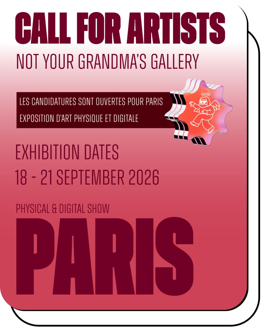 Poster for an art exhibition calling artists to submit proposals for a physical and digital art show in Paris from September 18 to 21, 2026, featuring a stylized angel with wings.