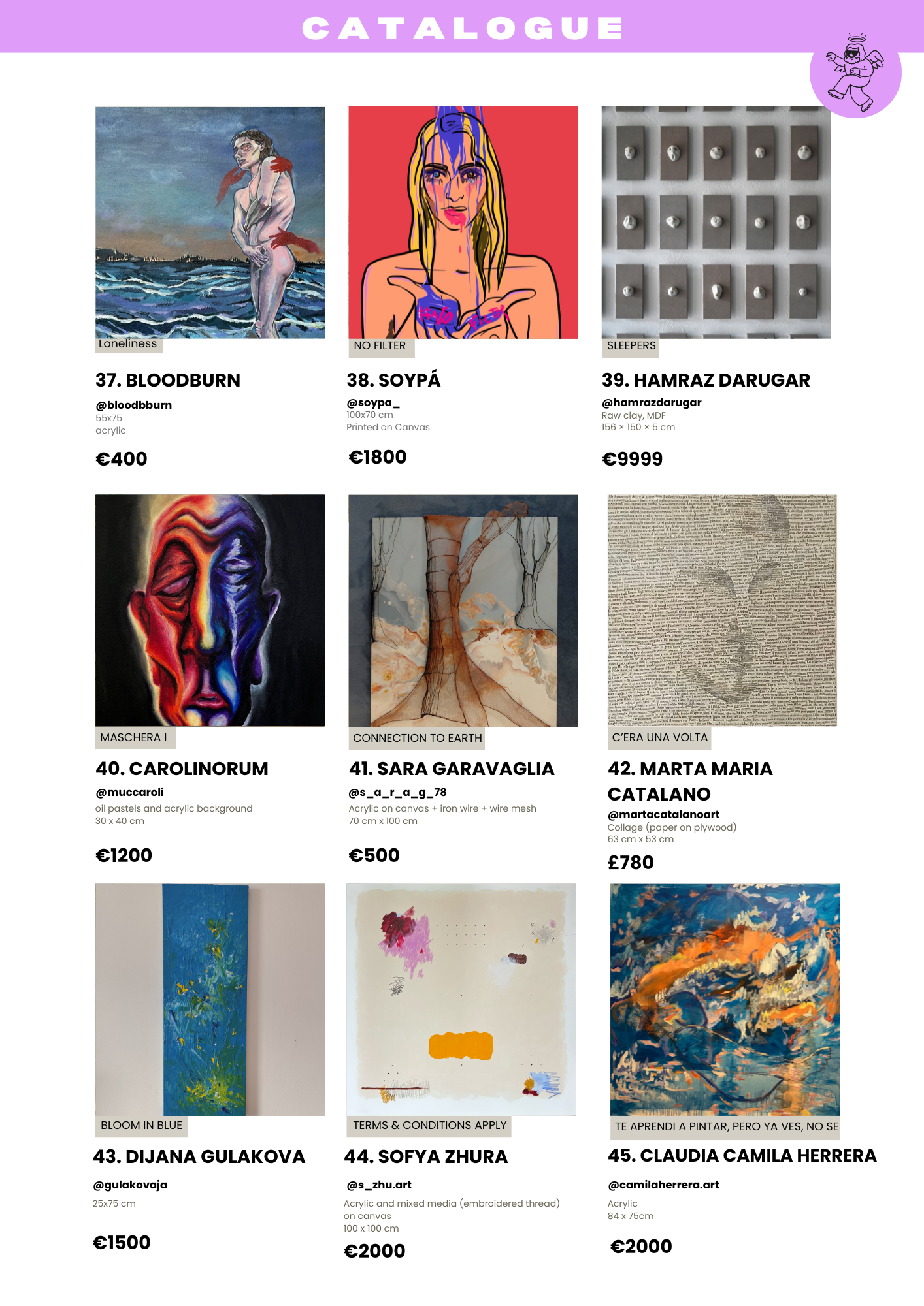 A page from an art catalog showing images of various artworks with titles, artists, descriptions, and prices, including paintings, mixed media pieces, and collages.
