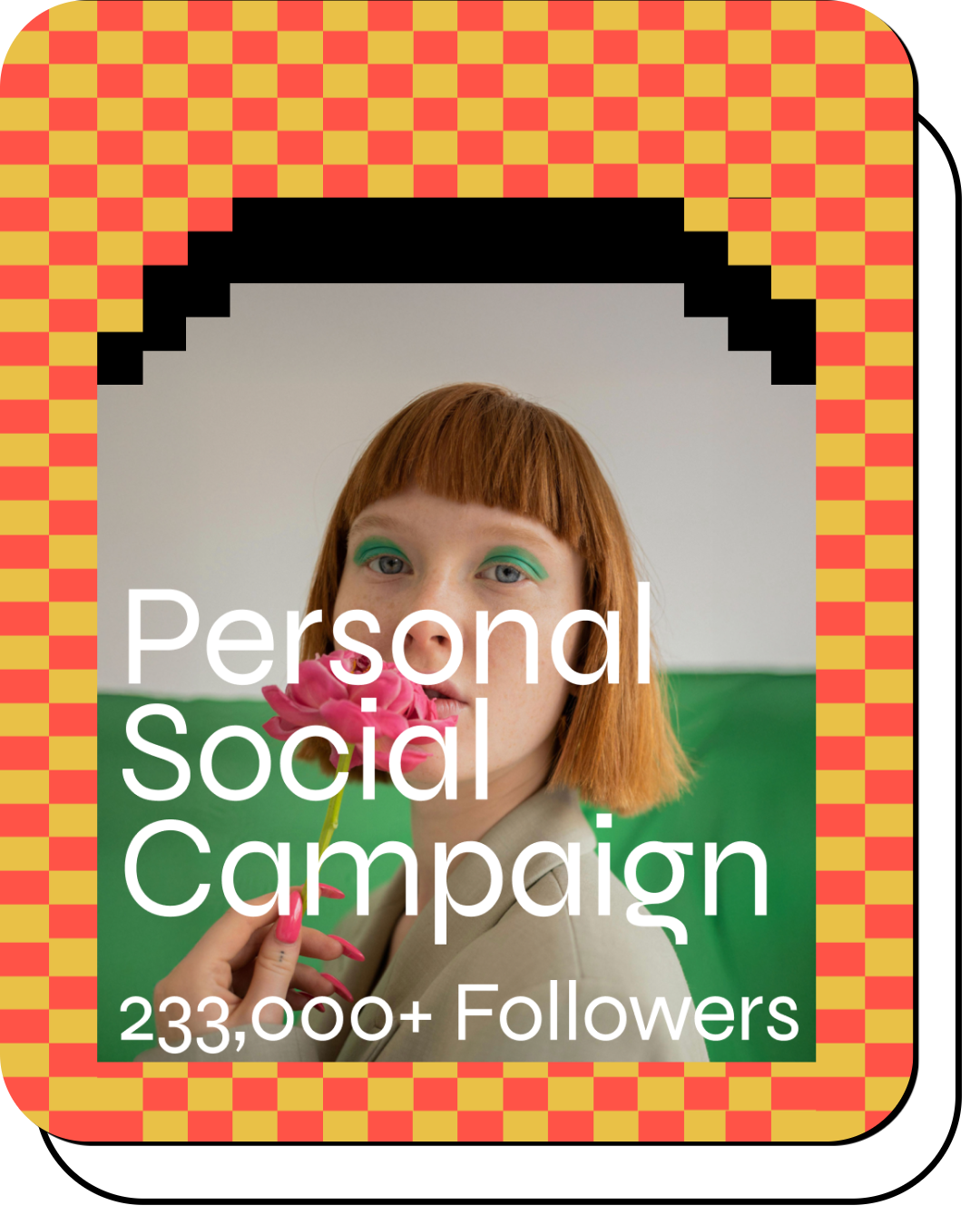A person with short red hair, teal eyeshadow, holding a pink flower near their mouth, surrounded by a colorful checkered frame, with text indicating a personal social campaign and over 233,000 followers.