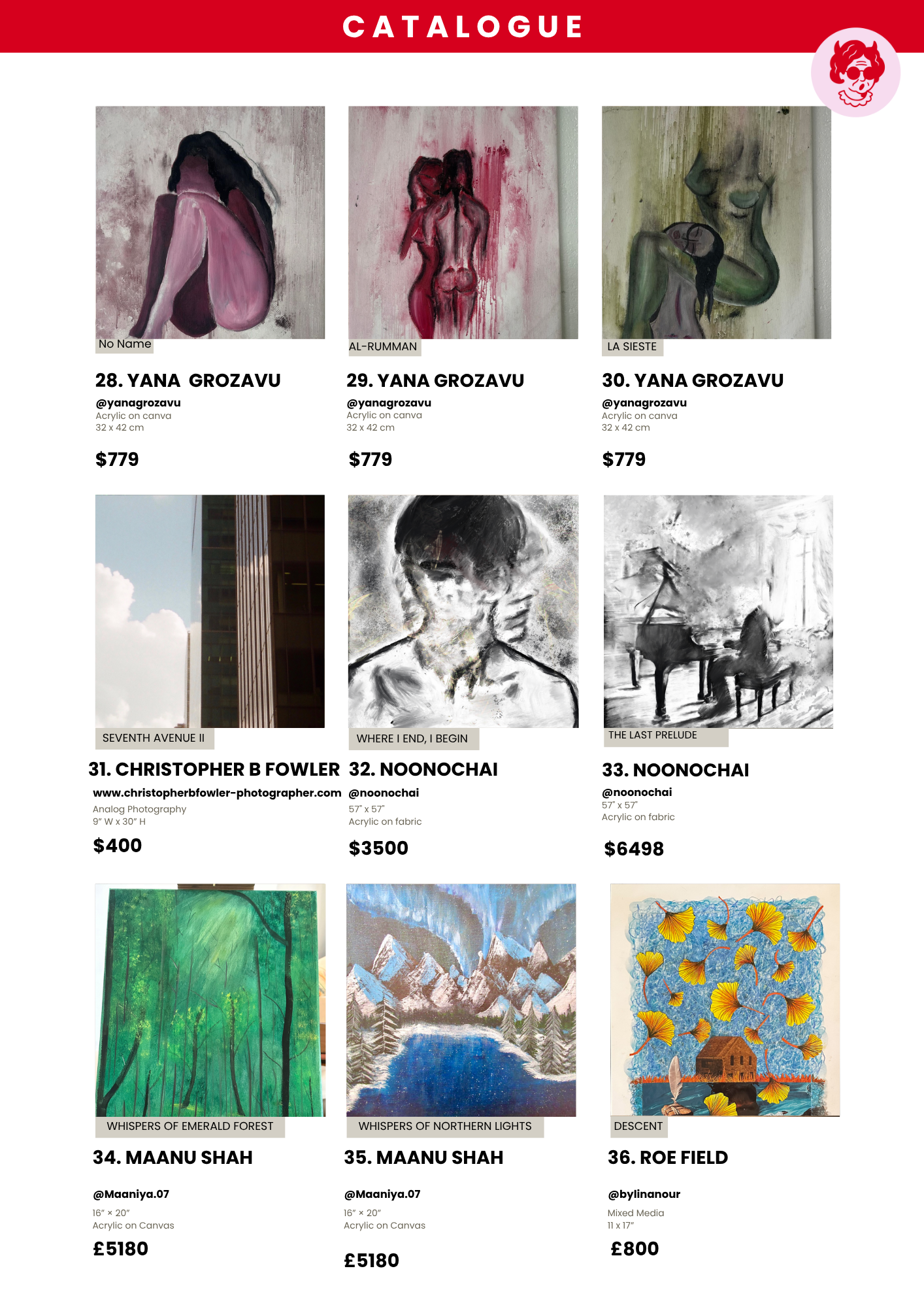 This is a page from an art gallery catalog showing various paintings and artwork with descriptions, prices, and artist information.