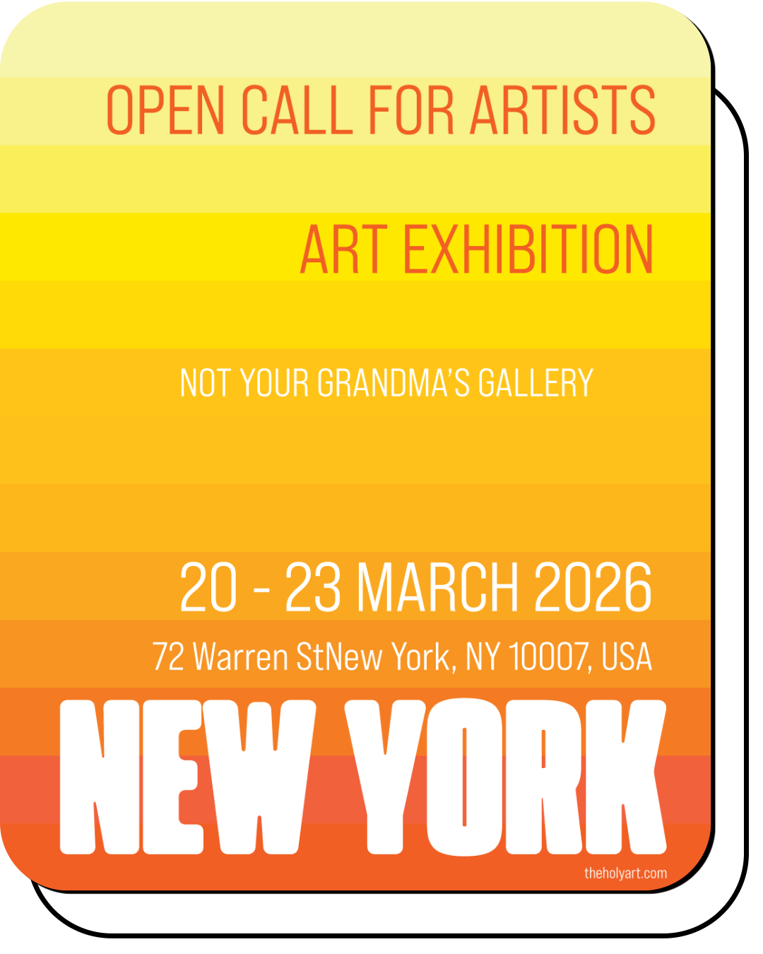 Poster for a 'Call for Artists' in New York City, featuring a minimalist face illustration. Exhibition dates are November 7-10, 2025, at 72 Warren St, New York, NY 10007, USA. 'New York City' is highlighted at the bottom.