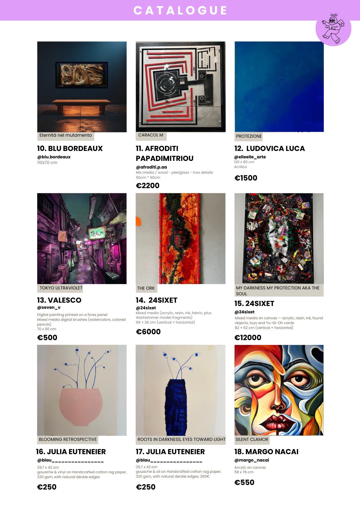 A catalog page listing various artworks with images, titles, artist names, and prices. Artworks include paintings, mixed media pieces, and digital art in different styles and sizes.