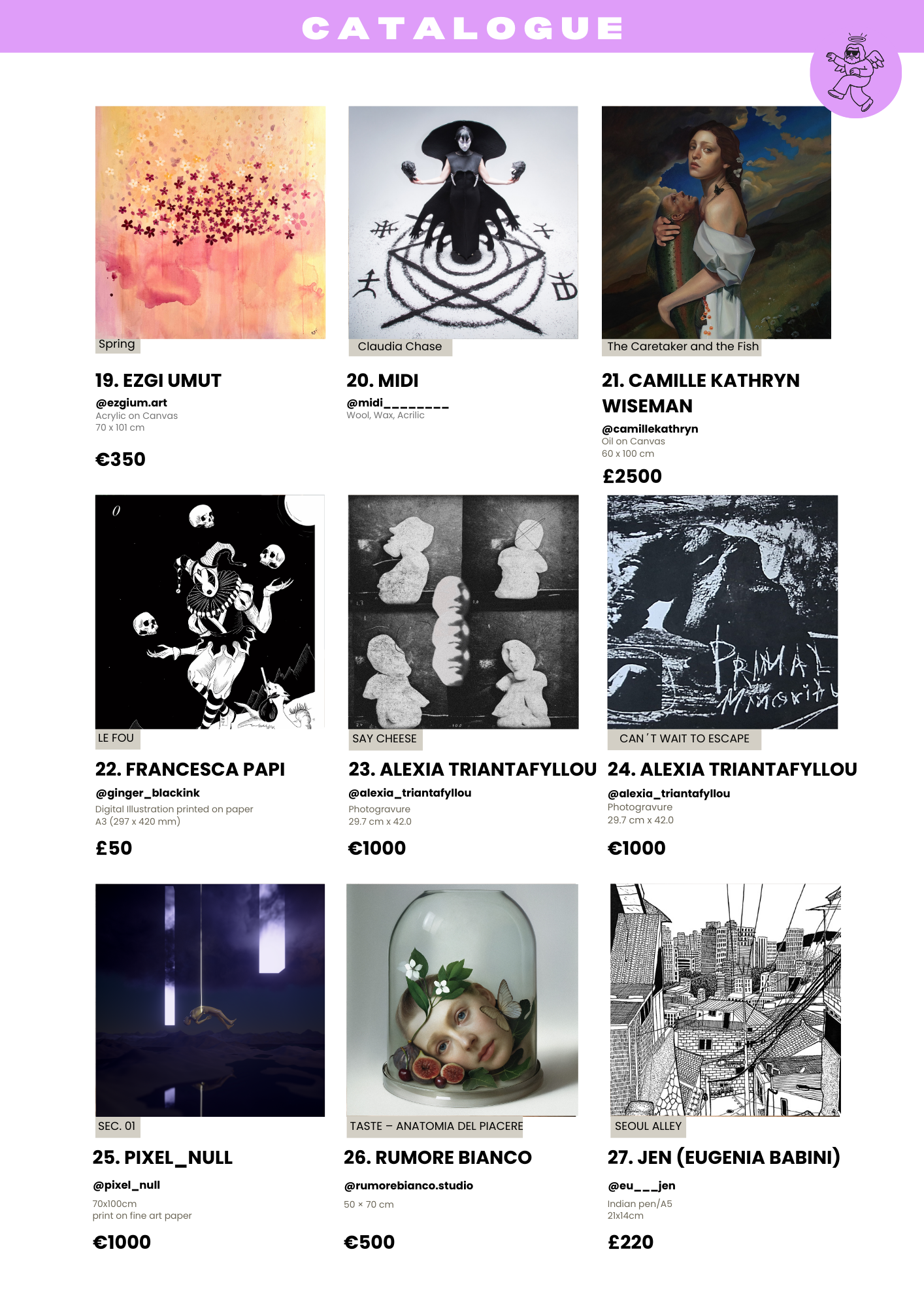 Catalogue page displaying nine artworks with their titles, artists, mediums, sizes, and prices, including paintings, digital illustrations, and photographs.