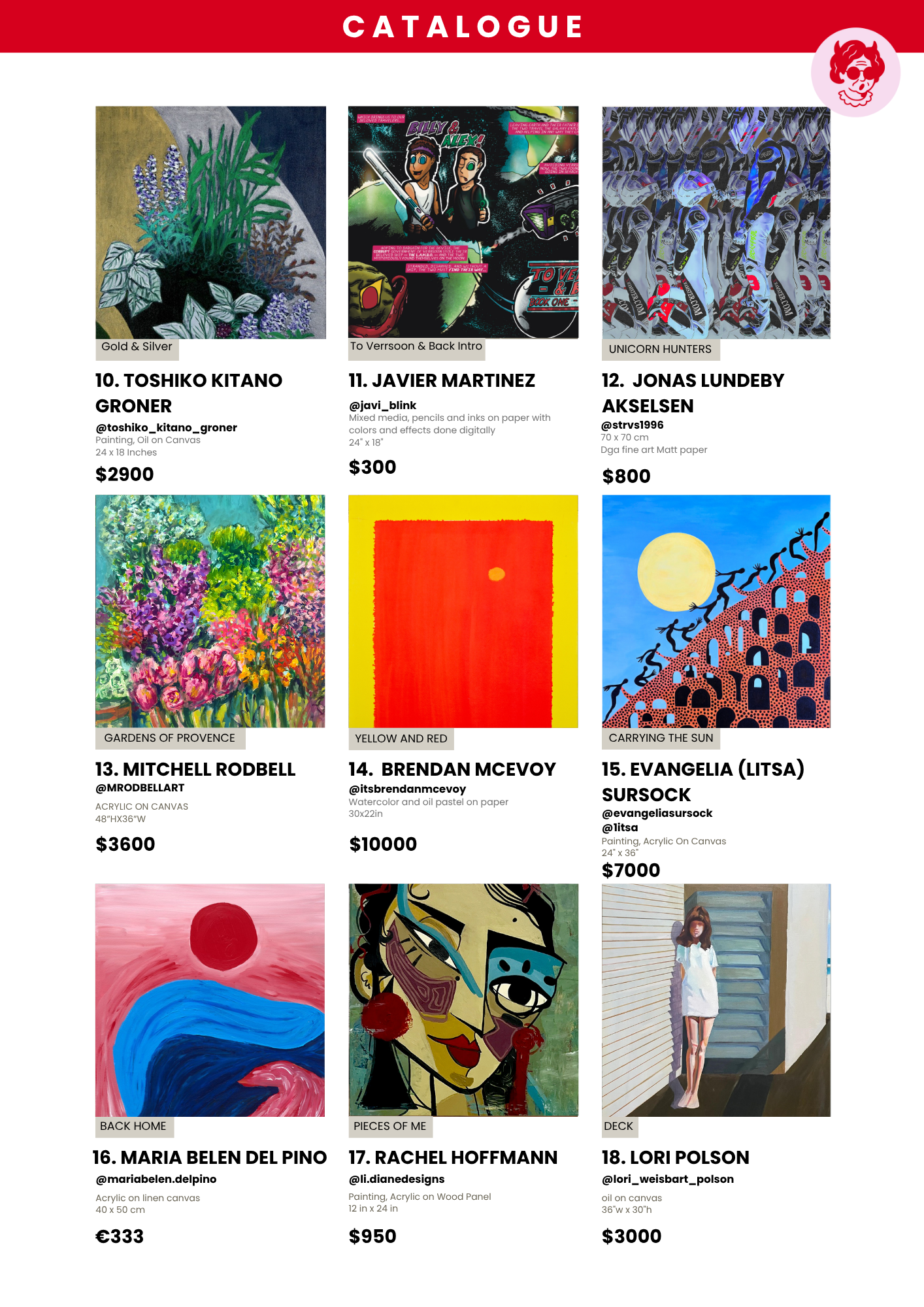 A catalog page displaying nine artwork images with artist names, titles, media, sizes, and prices.