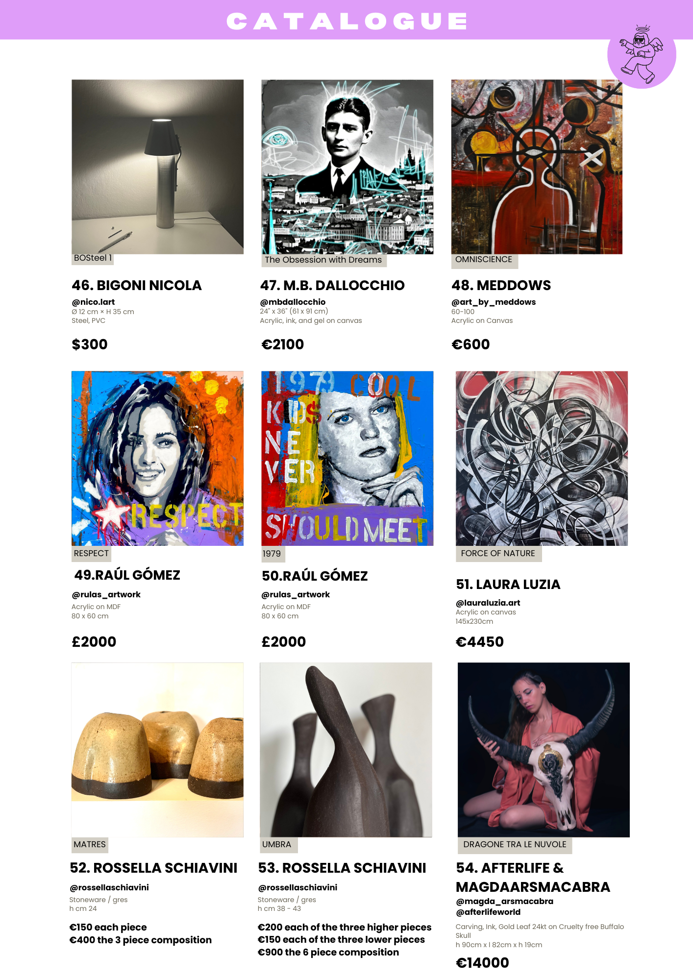 A catalog page featuring various artworks and sculptures, with images, titles, artists, mediums, dimensions, and prices for each piece.