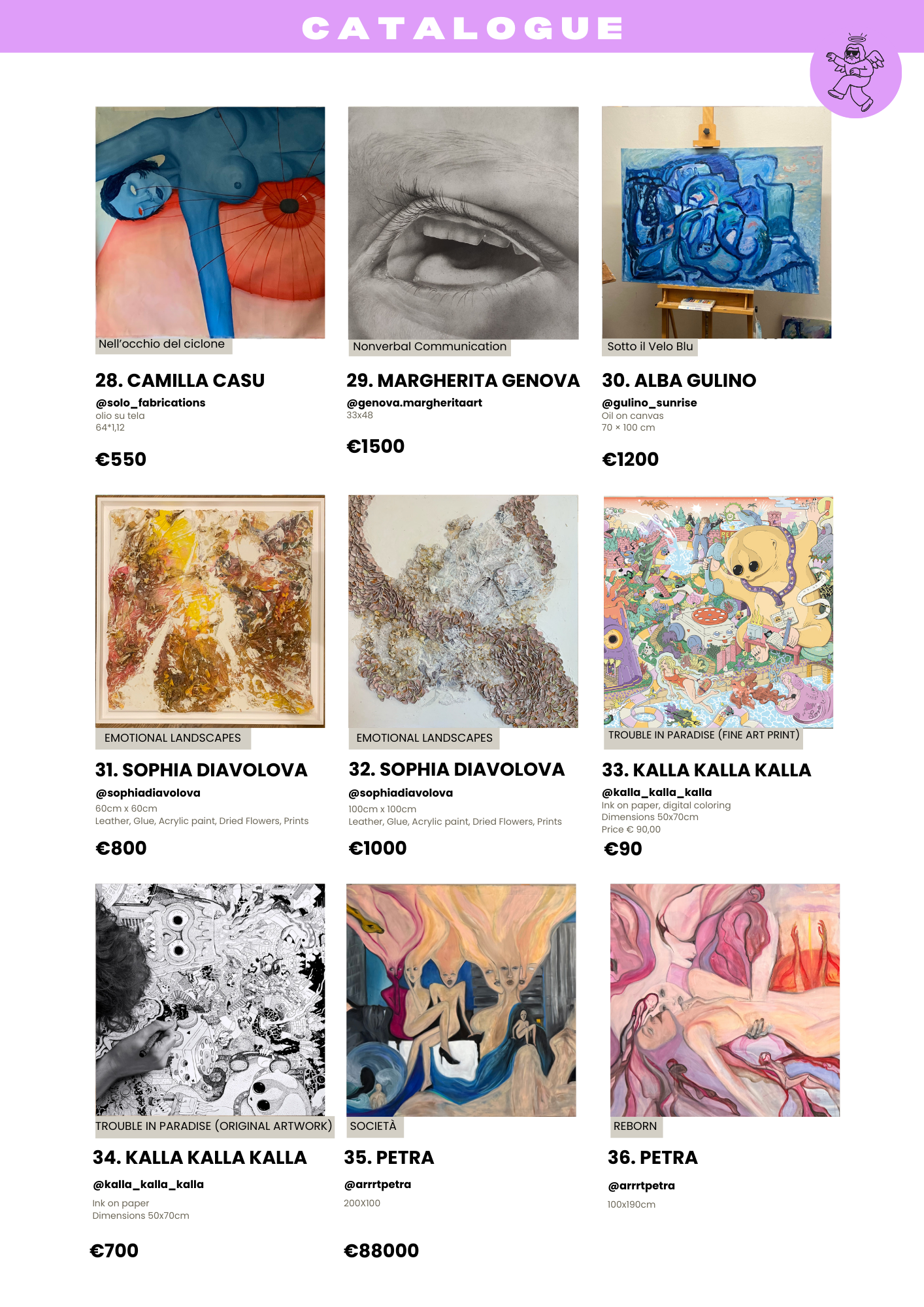 A digital art catalog featuring nine artworks by different artists, including paintings, mixed media pieces, and digital illustrations, with artist names, titles, sizes, media, and prices listed.