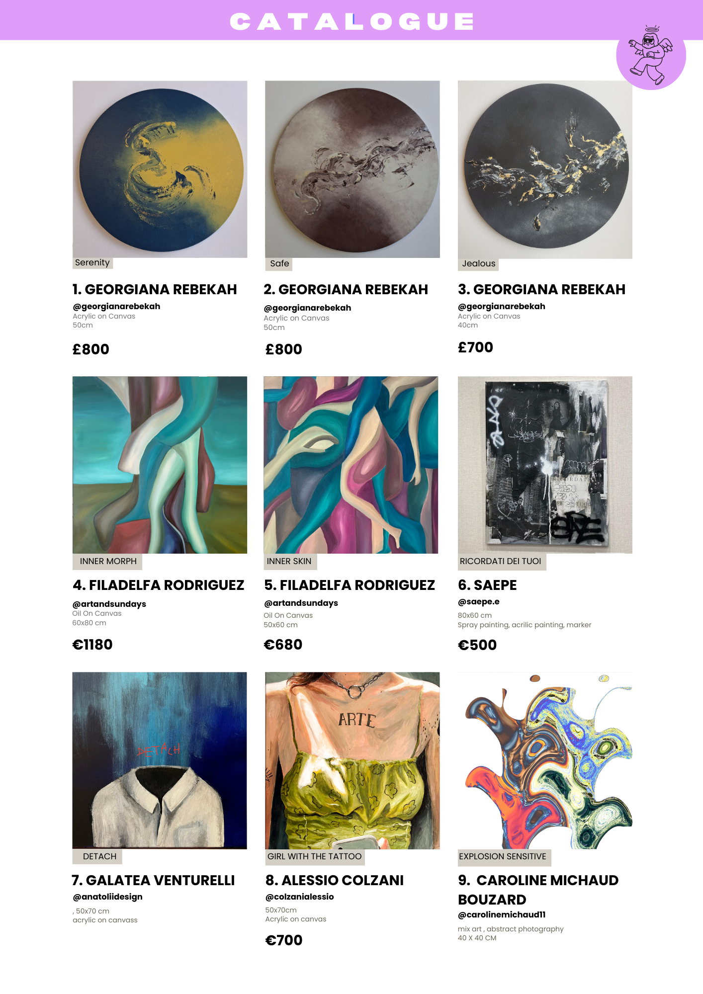 Gallery catalog featuring various artworks including abstract paintings, lively colorful illustrations, and a mixed media piece, with details, artist names, and prices listed.