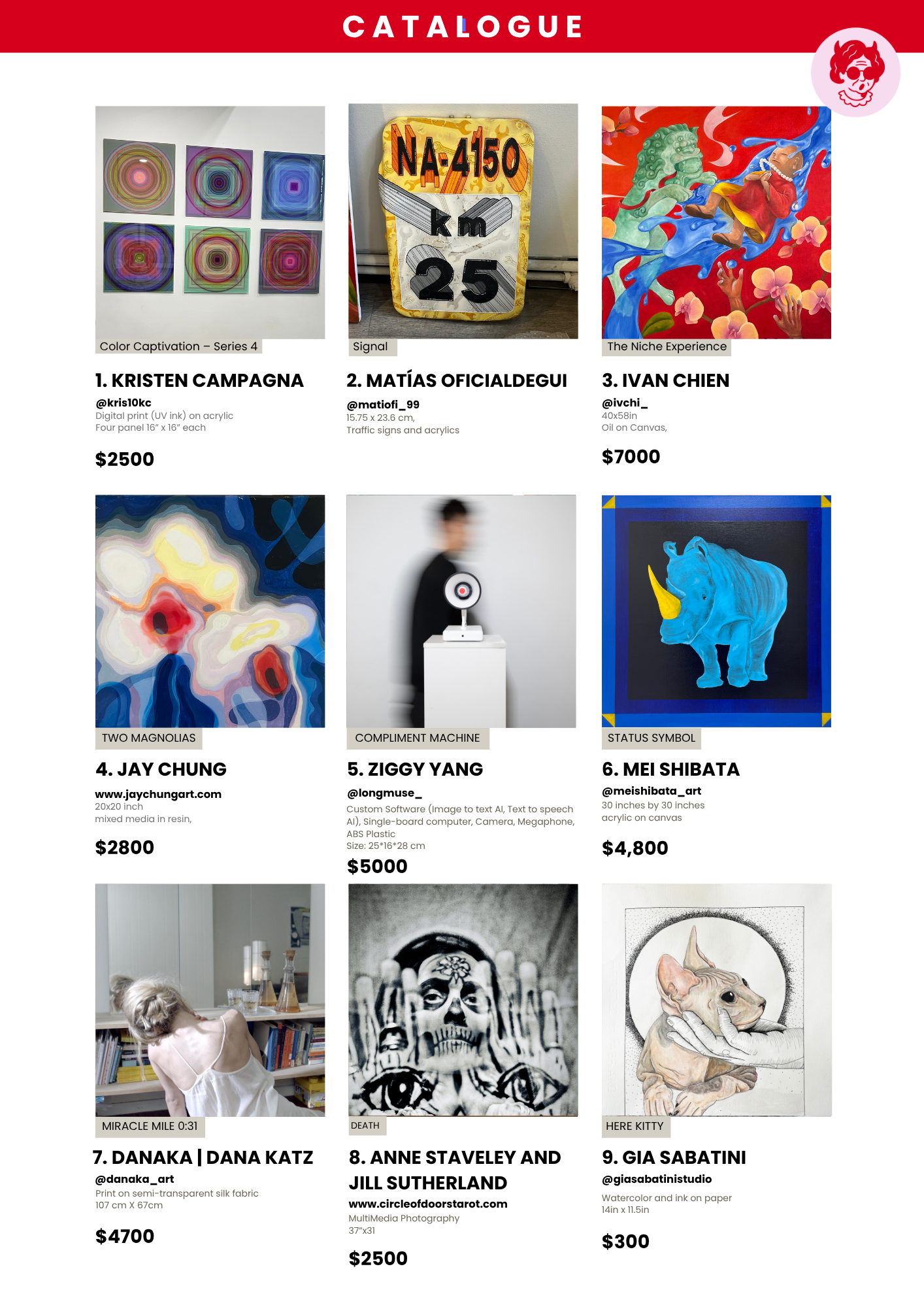 A catalog page displaying nine different art pieces and their details, including titles, artists, sizes, mediums, and prices. The artworks range from digital prints, paintings, mixed media, sculptures, and photographs.