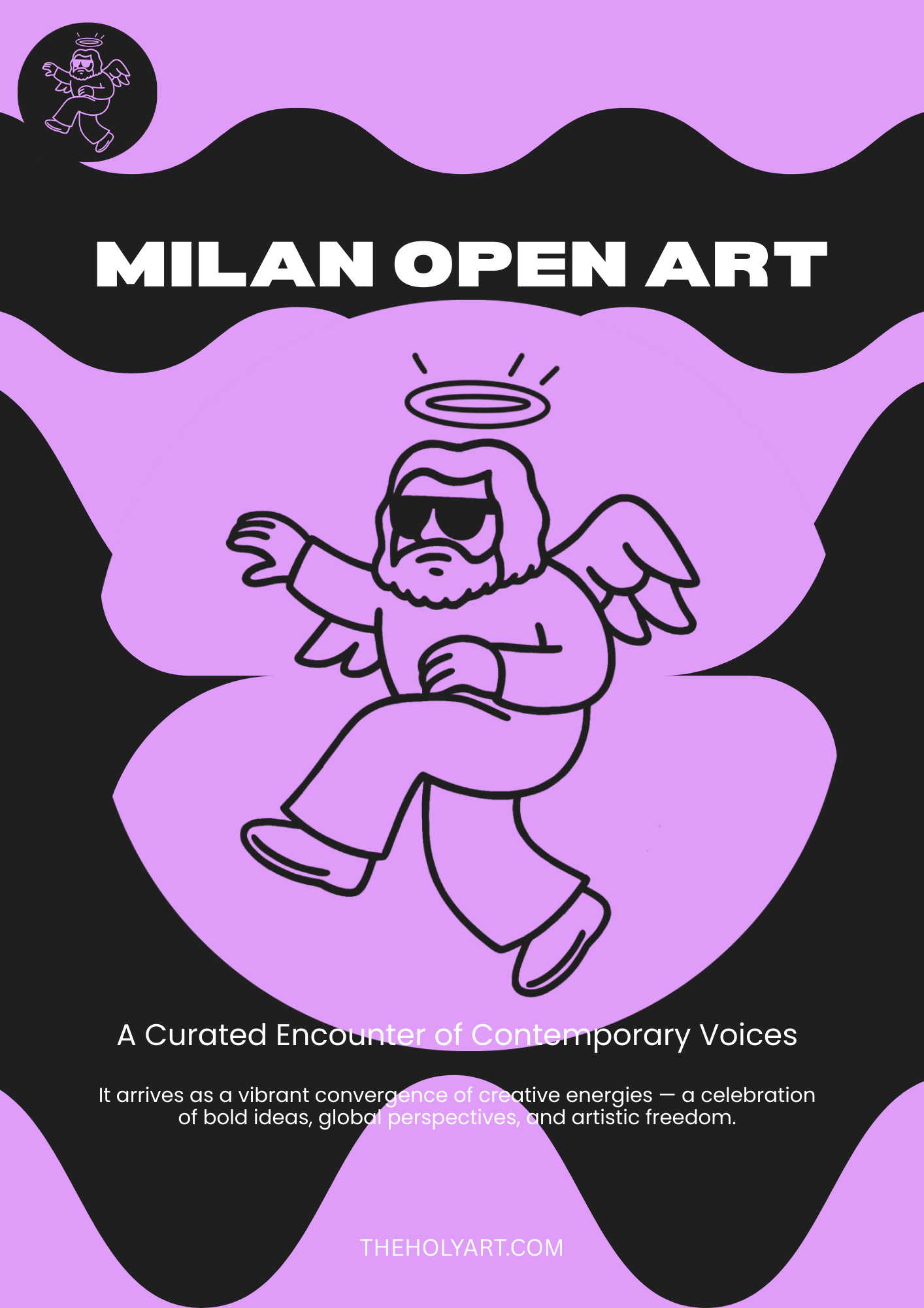 Poster for Milan Open Art featuring a cartoon angel with sunglasses, a halo, and wings, sitting with one arm extended, with black and purple abstract backgrounds and text describing the event.