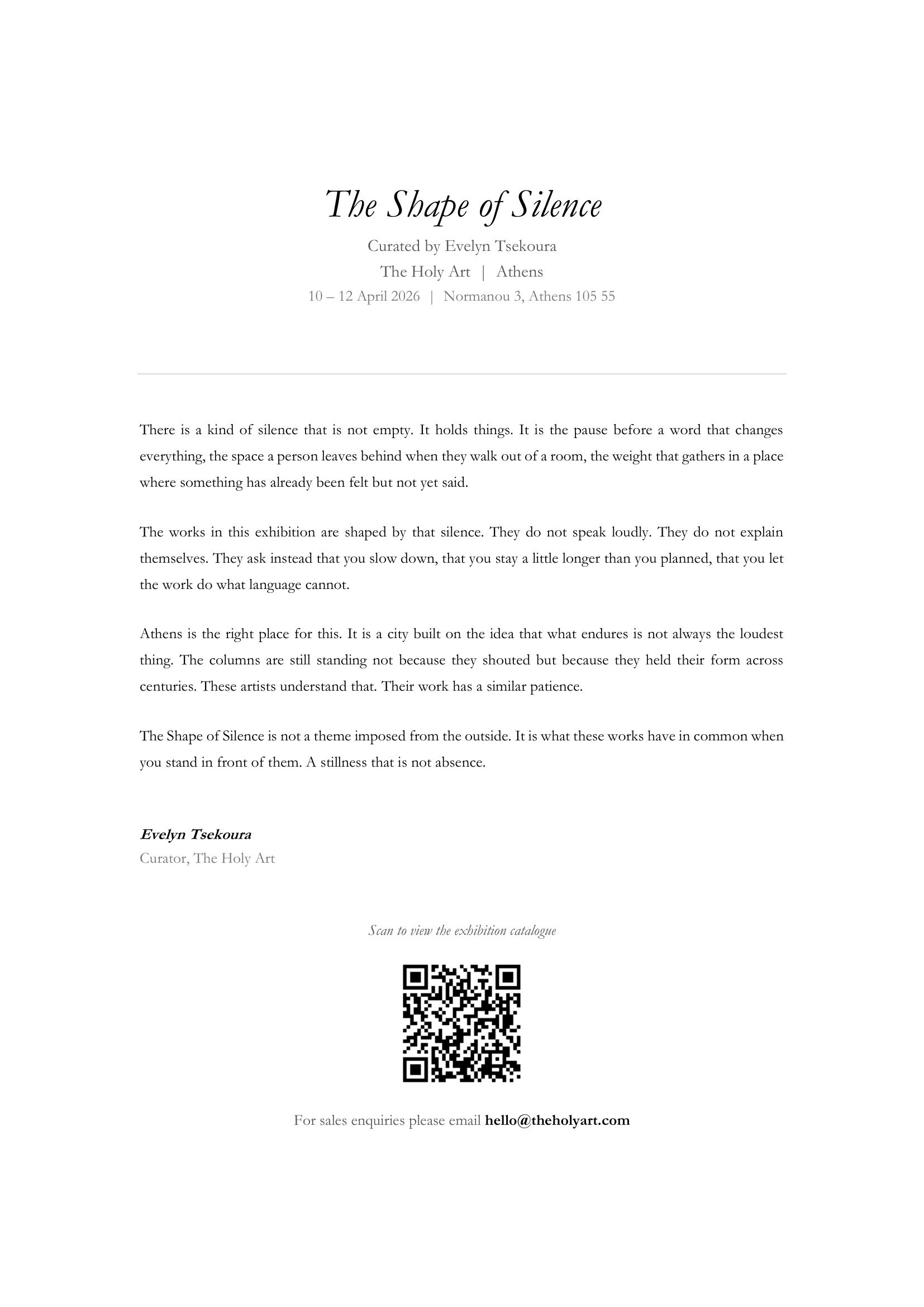 Exhibition flyer titled "The Shape of Silence" curated by Evelyn Tsekoura, for an art exhibit at The Holy Art in Athens, April 10-12, 2026, with a QR code and contact email at the bottom.