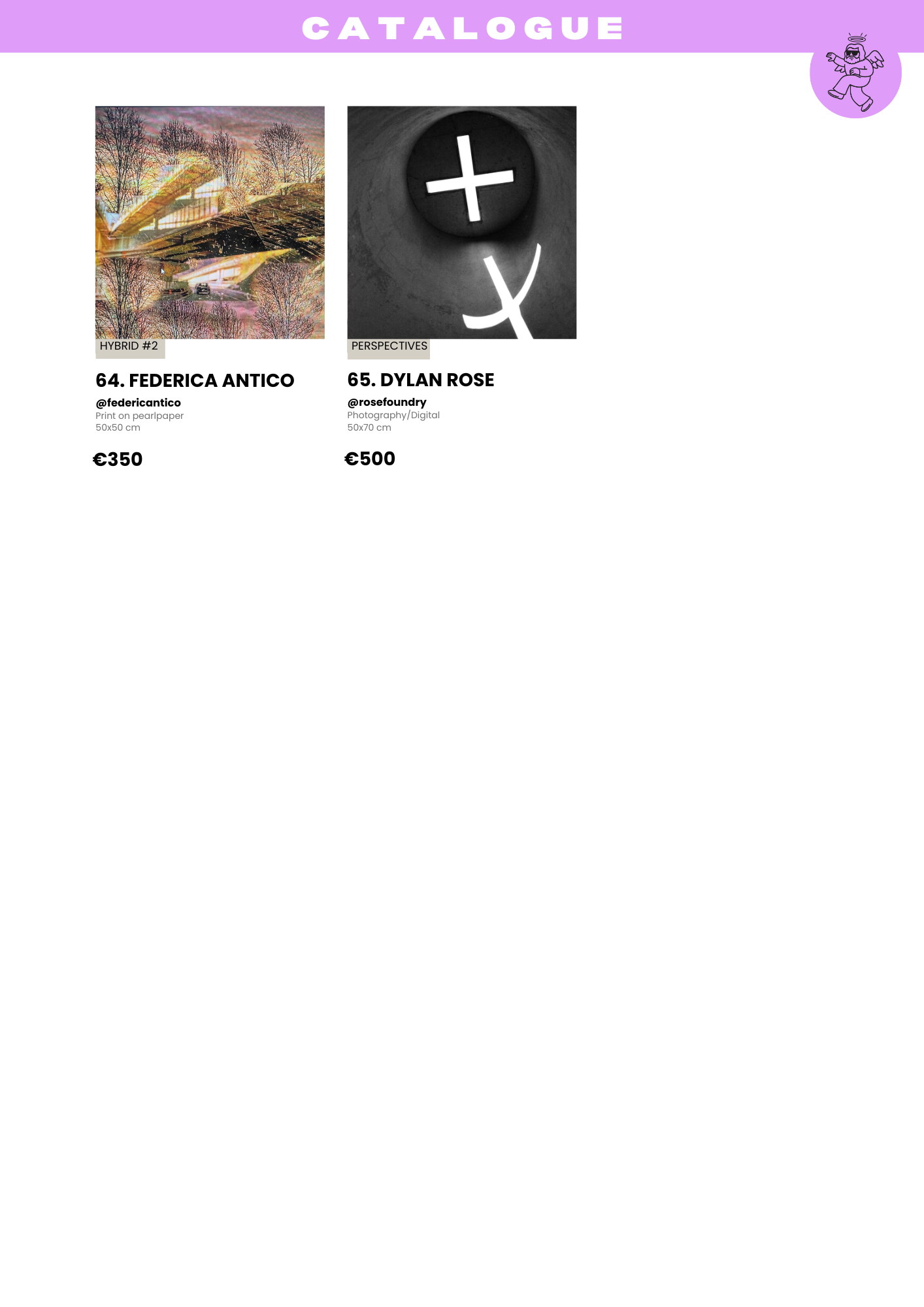 A digital catalog page showing two art pieces: one titled "HYBRID #2" by Federica Antico featuring a colorful, abstract landscape, and the other titled "PERSPECTIVES" by Dylan Rose depicting a neon-lit cross and a curved line in a dark space.