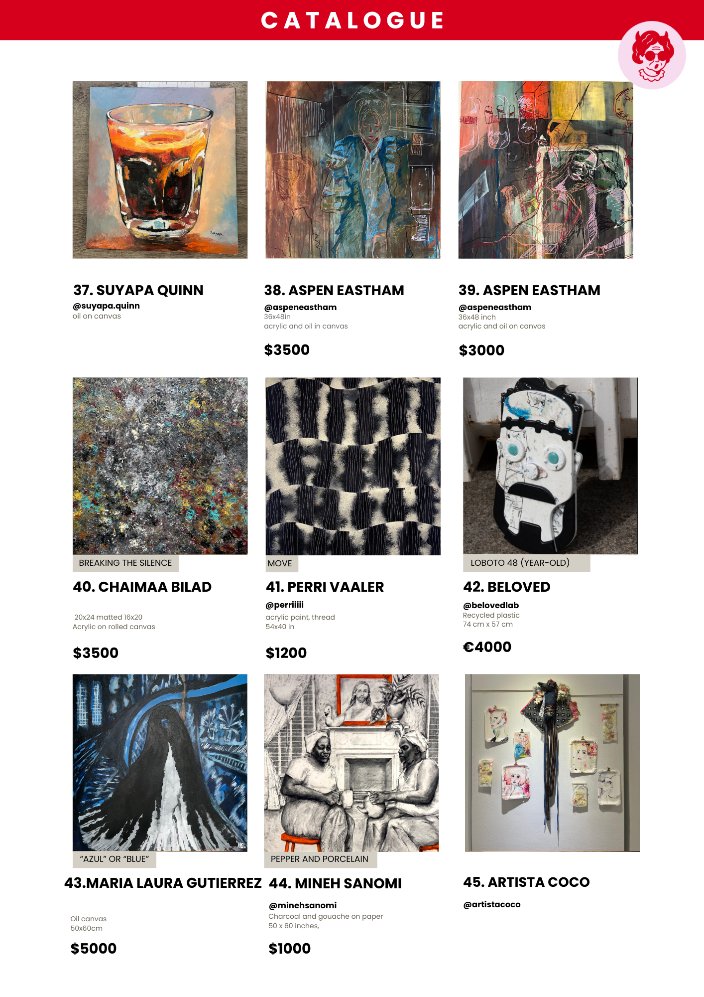 Art gallery catalog page showcasing various artworks, including paintings and mixed media pieces, with artist names, descriptions, sizes, prices, and social media handles.